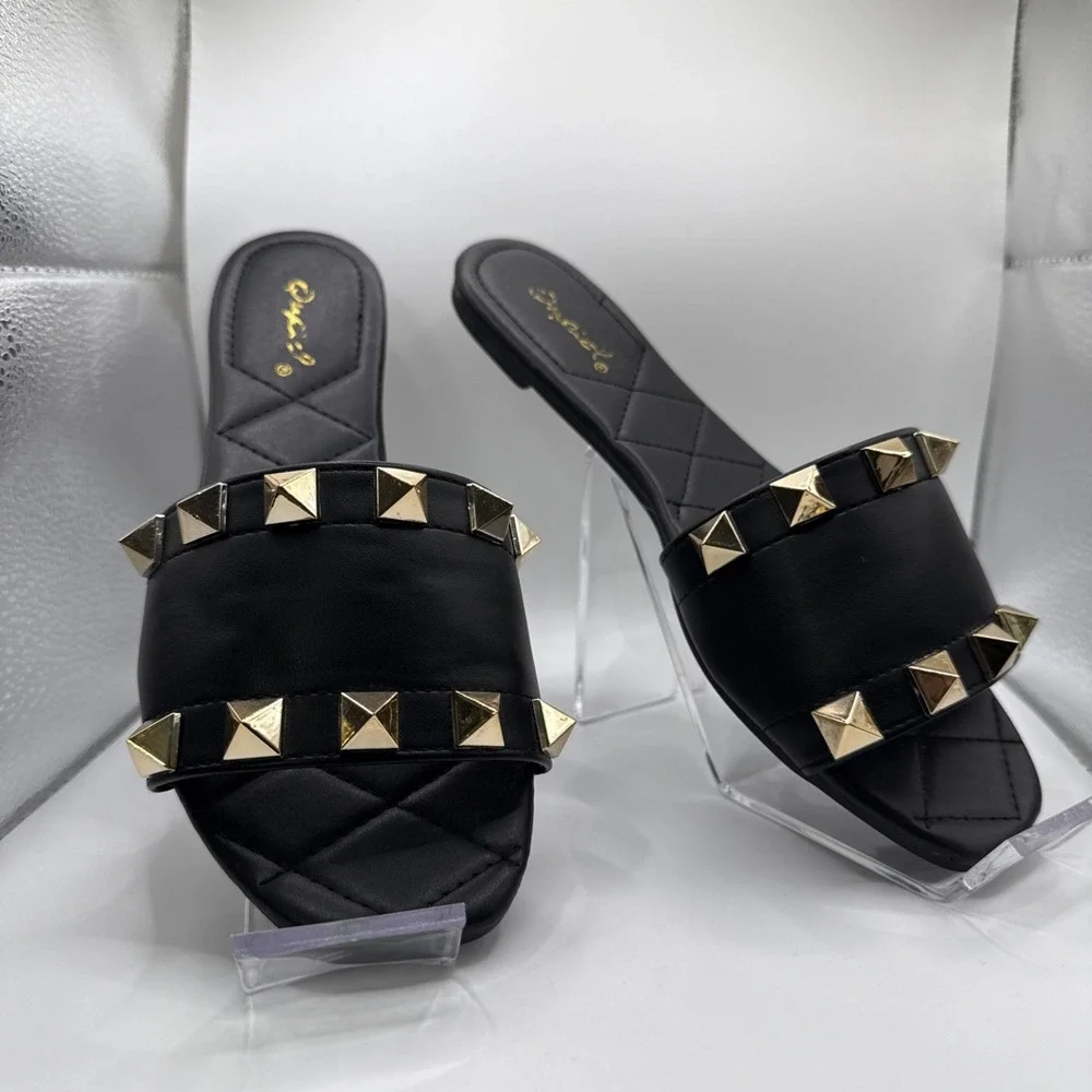 Black Quilted Slip-On Studded Sandals With Gold Studs By‎ Qupid Womens Size 8